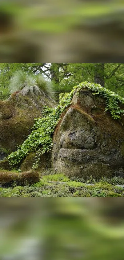 Nature-inspired mossy rock sculptures in a green forest setting.