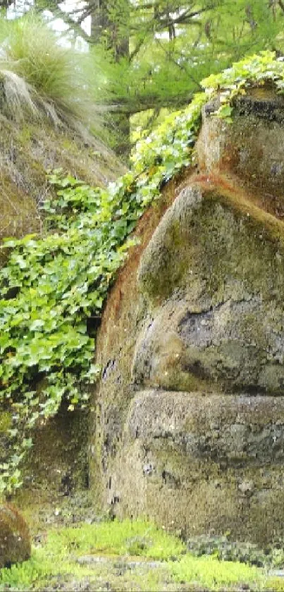 Moss-covered rock sculptures in a green forest setting.