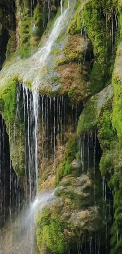 Moss-covered waterfall dripping gently over rocks.