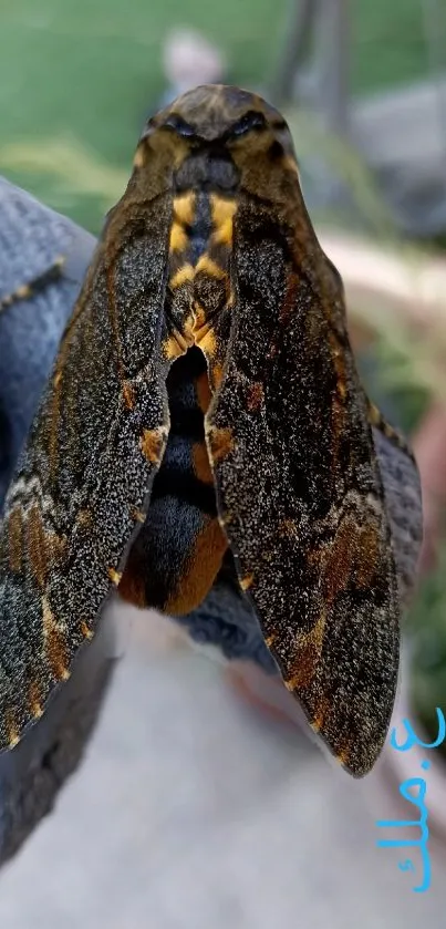 Close-up of a moth with detailed wing patterns, resting on a surface.