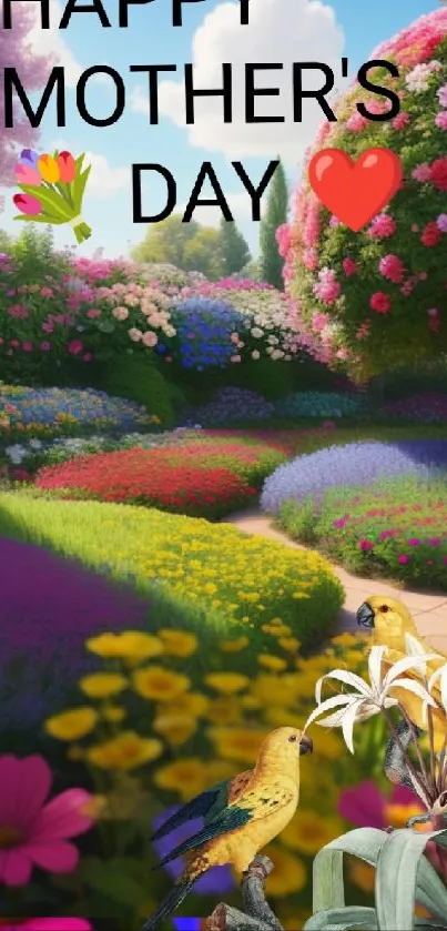 Mother's Day wallpaper with vibrant flowers and birds in a scenic landscape.