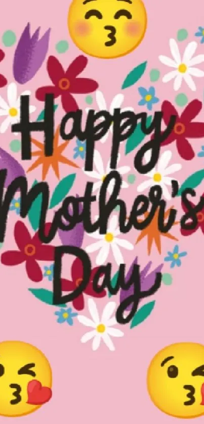 Mother's Day wallpaper with flowers and emojis in a heart shape.