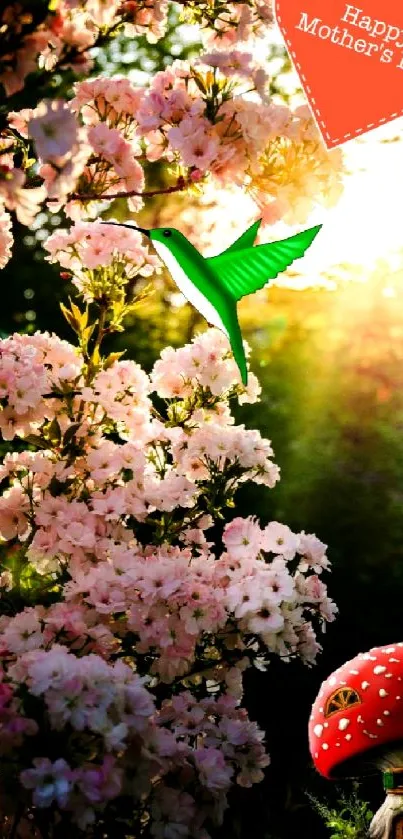 Mother's Day wallpaper with flowers, hummingbird, and heart message.