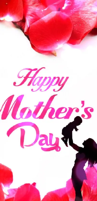 Mother's Day heart-shaped red rose petal wallpaper with silhouette of mother and child.