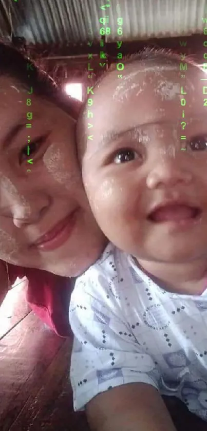 A mother and baby smiling joyfully in an intimate indoor setting.