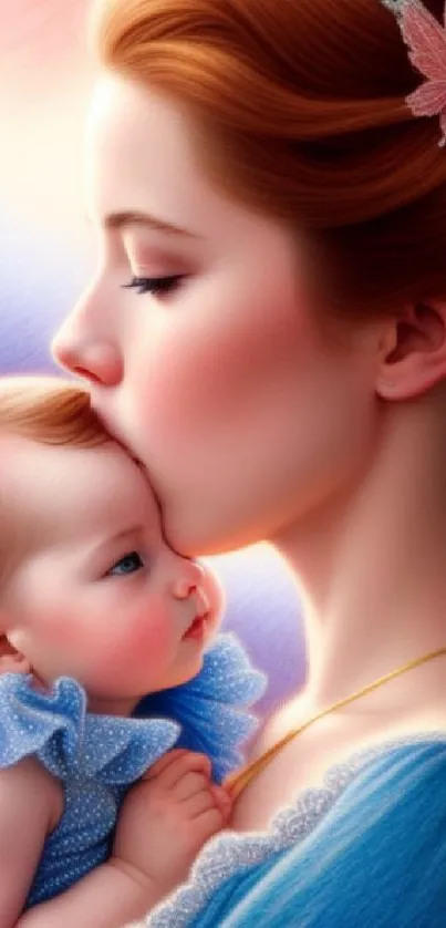 Artistic wallpaper of a mother tenderly kissing her baby, with soft blue and pink tones.