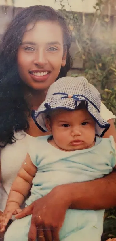 Mother holding baby with a greenery backdrop.