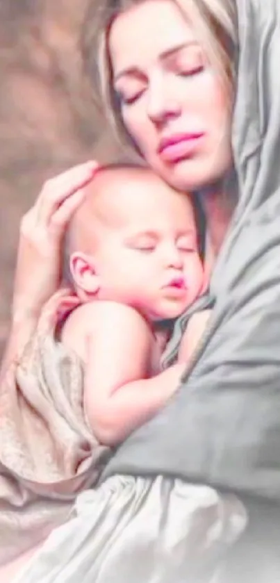 A serene image of a mother lovingly holding her sleeping baby.
