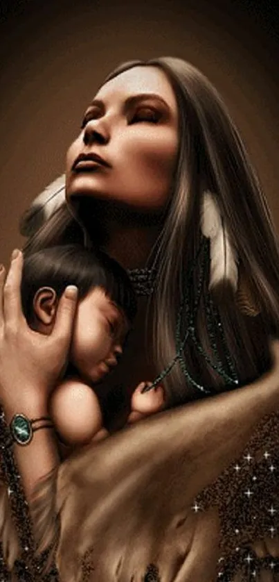 Artistic wallpaper of a serene mother holding her child, with earthy tones.