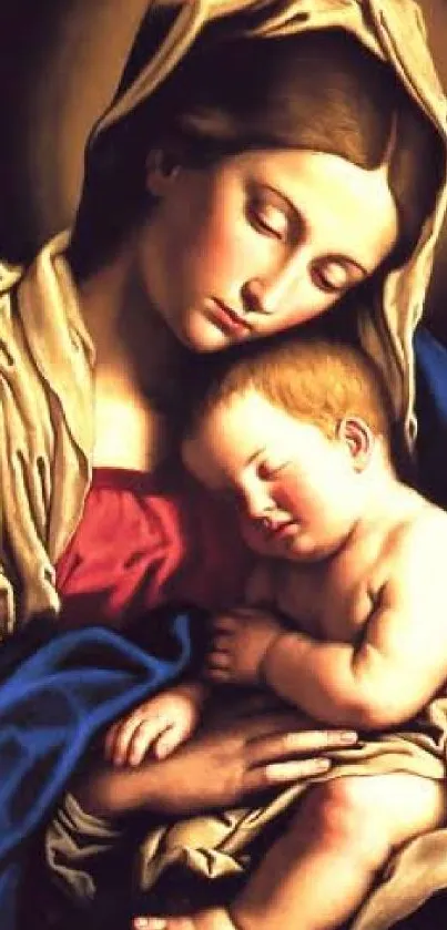 Classical painting of a mother holding her child, rich in warm earthy tones.