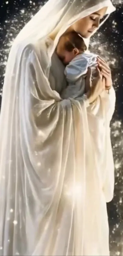 A serene mother embraces her child amidst sparkling stars.