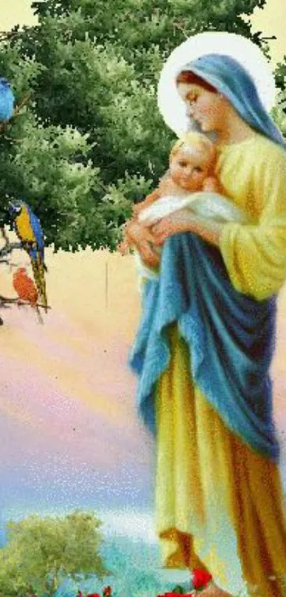 Artistic depiction of a divine mother with child in a vibrant natural setting.