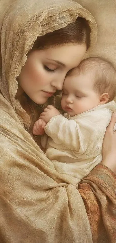 Mother and child embrace in soft hues artwork.