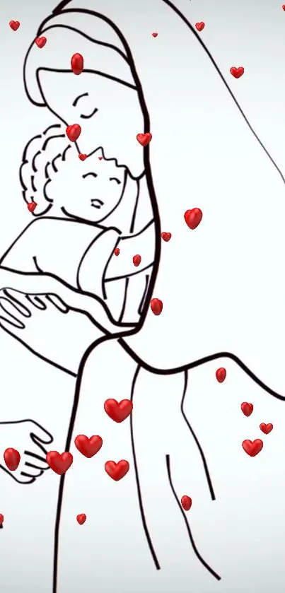 Minimalist line art of mother and child surrounded by red hearts.