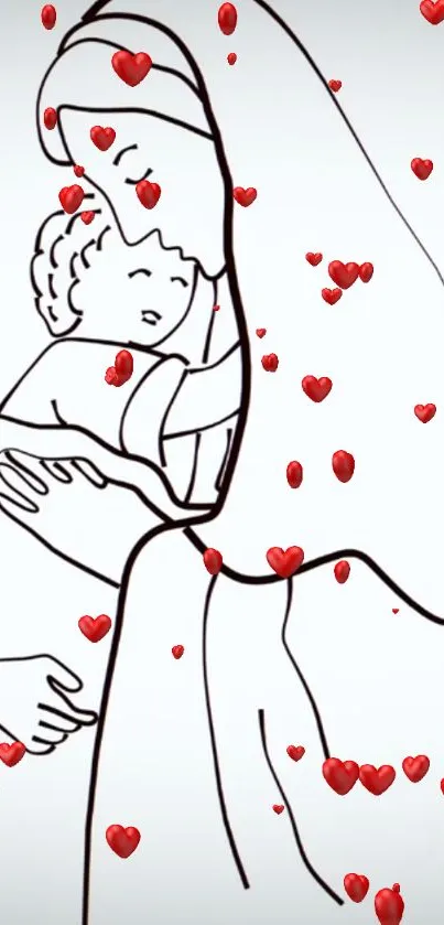 Line art of mother and child with red hearts floating.