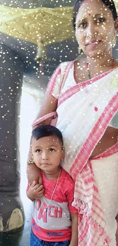 Mother and child in traditional attire with festive lights.