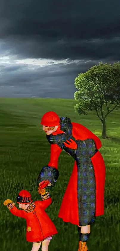 Mother and child in red coats against a green landscape with a stormy sky.
