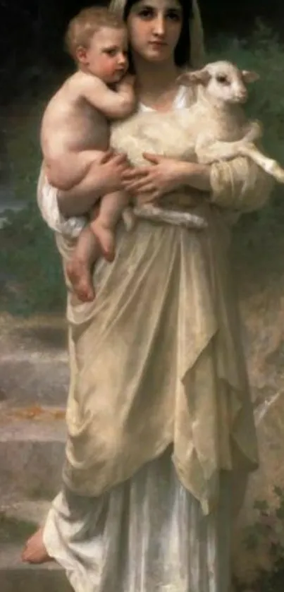 Serene classical wallpaper of mother with child and lamb.