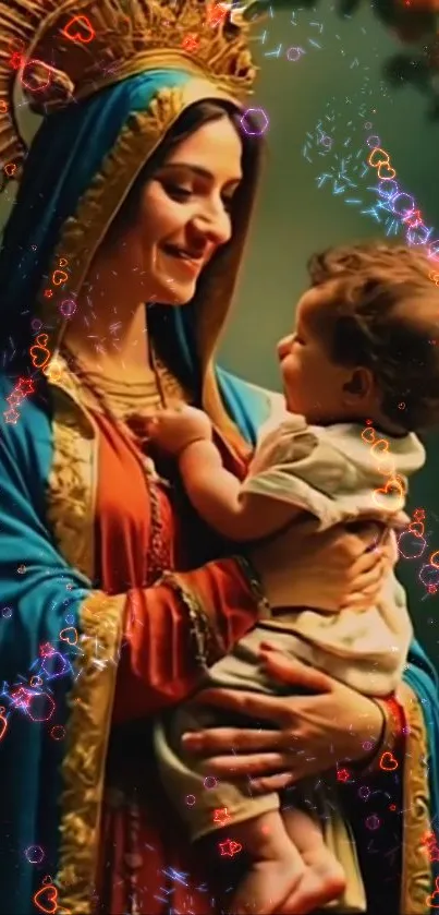 Religious image of a mother holding a child with colorful accents and vibrant details.