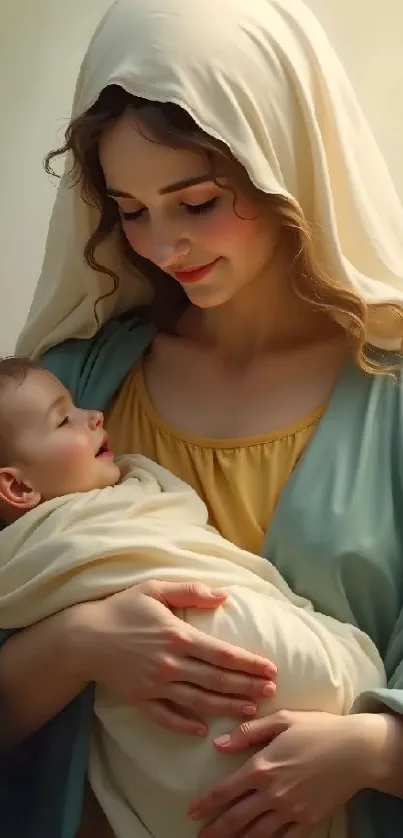 A serene portrait of a mother cradling her child.