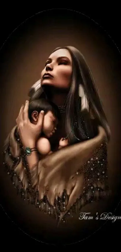 Mother tenderly embraces child in artistic dark brown wallpaper.