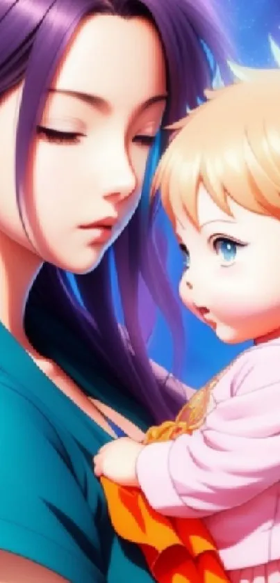 Anime depiction of a serene mother and child under a star-filled sky.