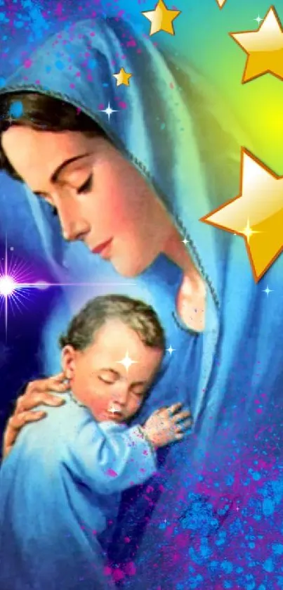 Serene blue painting of a mother holding a child with stars.