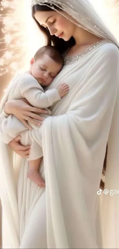 Mother holding child in peaceful embrace with glowing background.