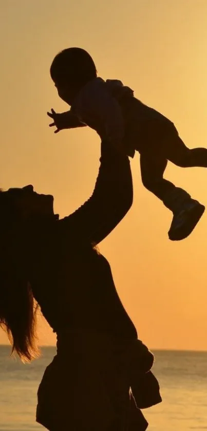 Silhouette of a mother lifting her child against a vibrant sunset.