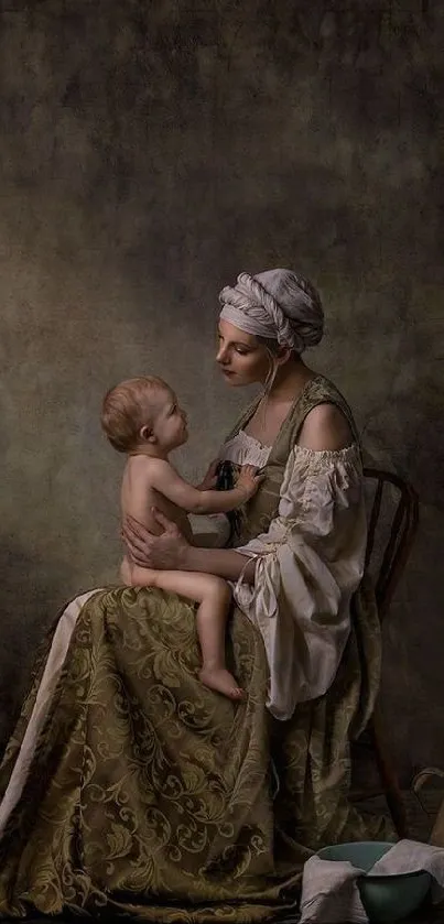 Elegant vintage portrait of a mother with her child in muted, classical styling.