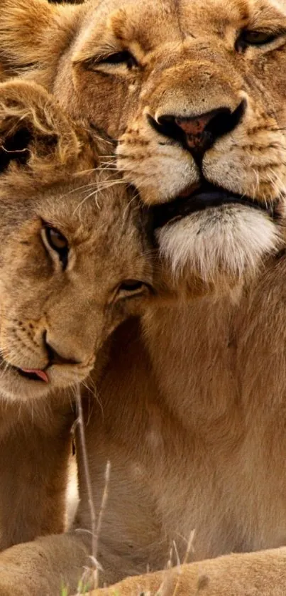 Lioness and cub sharing a tender moment in nature.