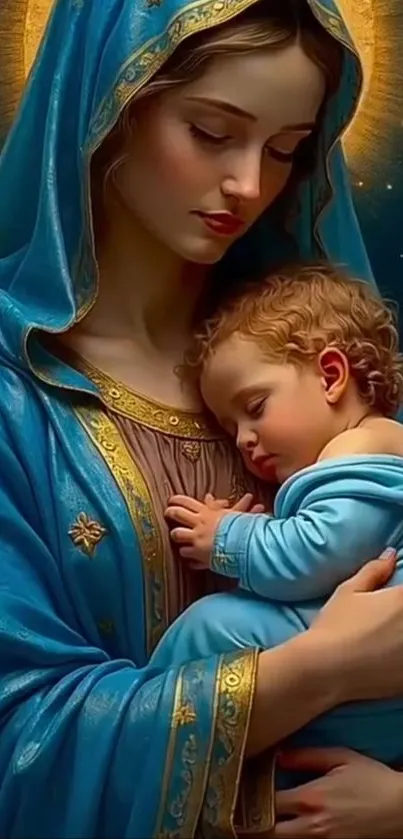 Artistic depiction of mother holding a child, both enveloped in blue robes, glowing gently.