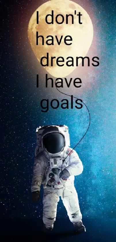 Astronaut under moon with motivational quote on a starry background.