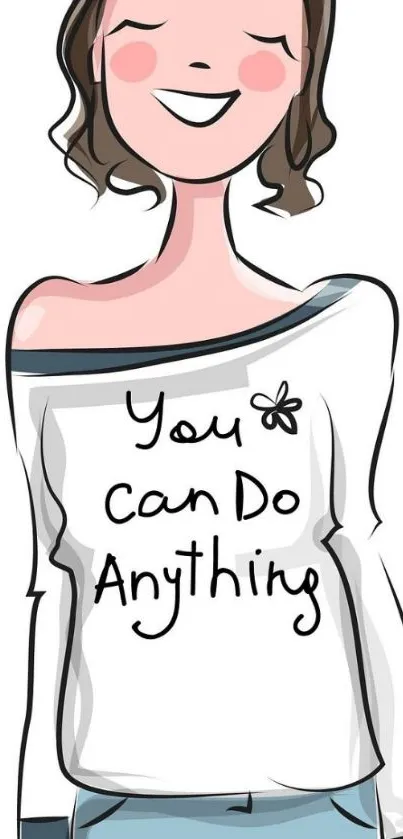 Cartoon girl with motivational message on shirt.