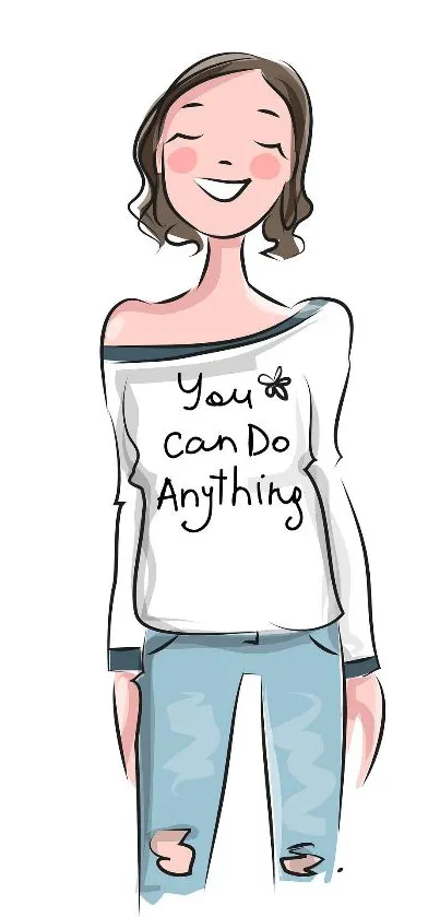 Cartoon girl in casual wear with motivational text.