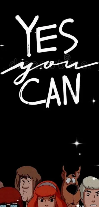 Cartoon figures with 'Yes You Can' statement on black background.