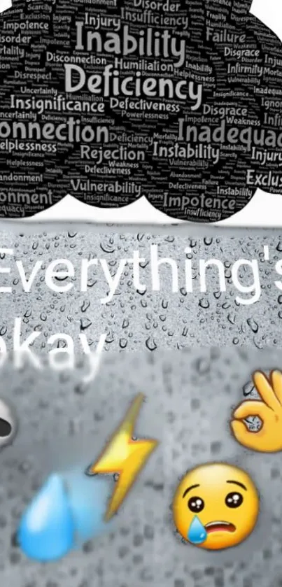 Dark cloud of negative words with positive emojis and text saying 'Everything's okay.'