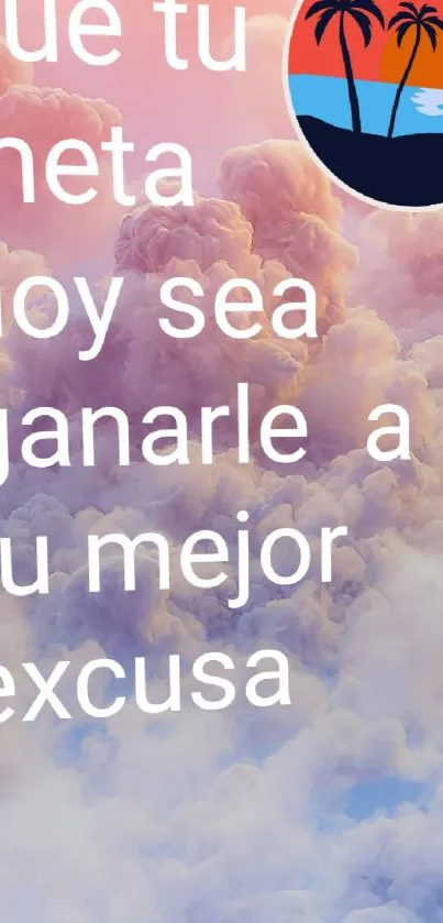 Cloudy background with motivational Spanish text.