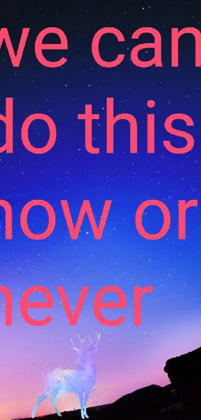 Vibrant night sky wallpaper with motivational text and glowing deer.