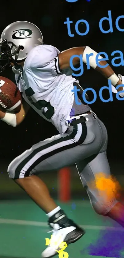 Football player running with motivational text overlay.