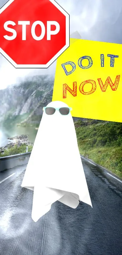 Ghost with sunglasses on a road with motivational text and stop sign.