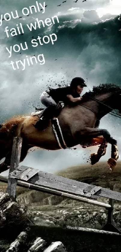 Horse jumping with motivational quote in dramatic scenery.