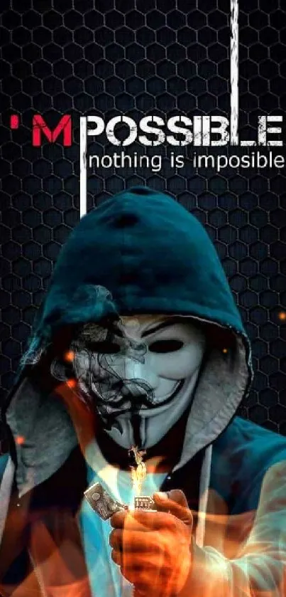 Mysterious masked figure with inspiring text and dark backdrop.