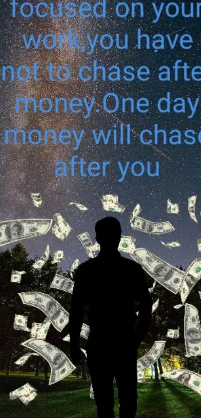 Silhouette under starry sky with floating money.