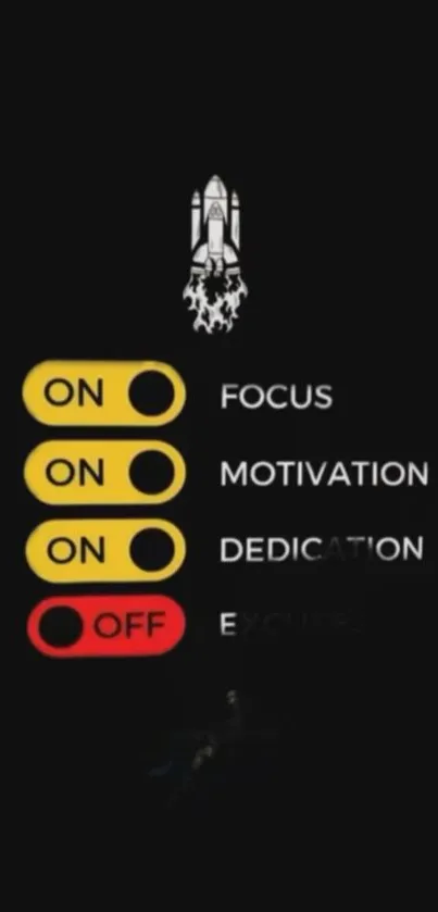 Motivational switches with a rocket, dark theme.