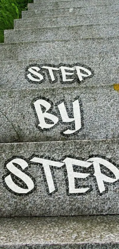 Stone steps with 'Step by Step' text and greenery.