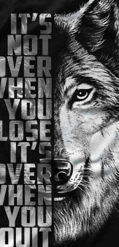 Wolf with motivational quote on black background wallpaper.