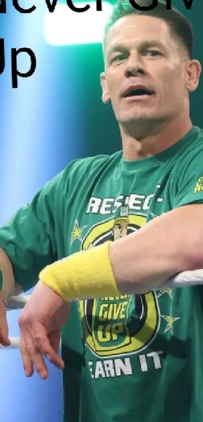 Inspirational wrestler in green with 'Never Give Up' text.