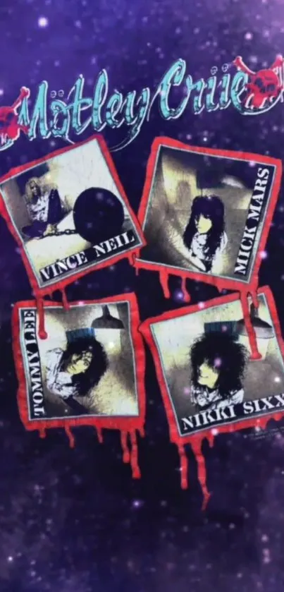 Motley Crue retro cosmic wallpaper with band member portraits.