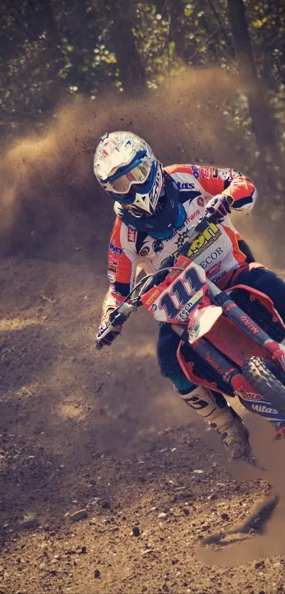 Motocross rider racing on a dusty trail creating dramatic effects.